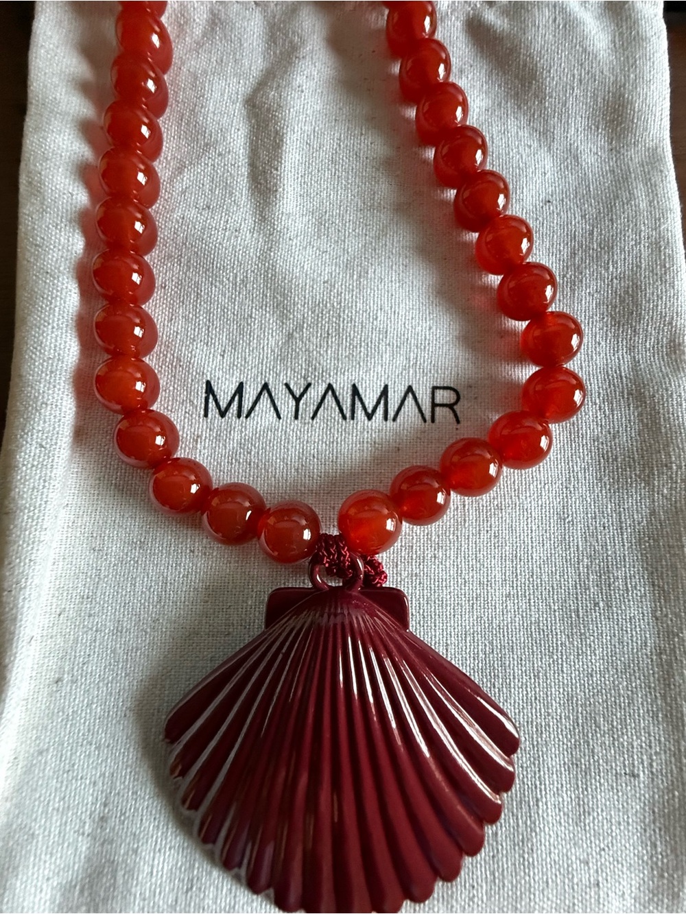 Mayamar Red Agate Bead Necklace with Shell Pendant